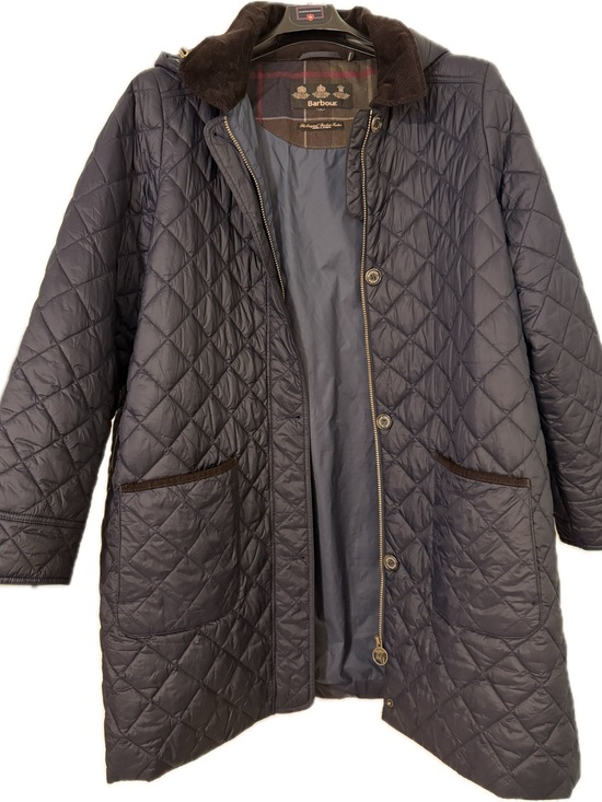 Barbour Jackets & Blazers - SOLD-Barbour Quilted Puffer Coat in Navy, Corduroy Trim Collar, Detachable Hood